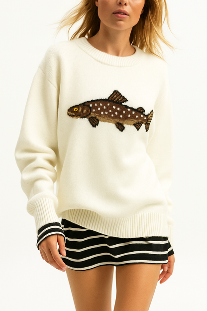 Half-Zip Wool-Blend Sweater with Intarsia Fish Motif, Ribbed Cuffs, and Relaxed Oversized Fit