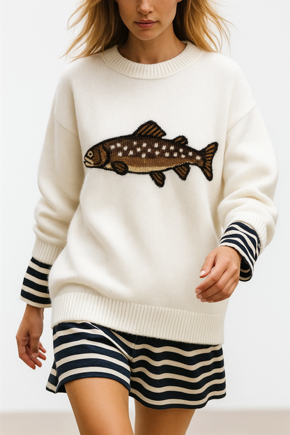 Half-Zip Wool-Blend Sweater with Intarsia Fish Motif, Ribbed Cuffs, and Relaxed Oversized Fit