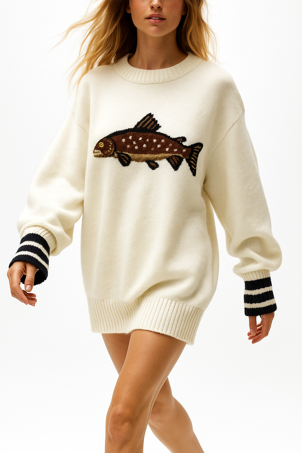 Half-Zip Wool-Blend Sweater with Intarsia Fish Motif, Ribbed Cuffs, and Relaxed Oversized Fit