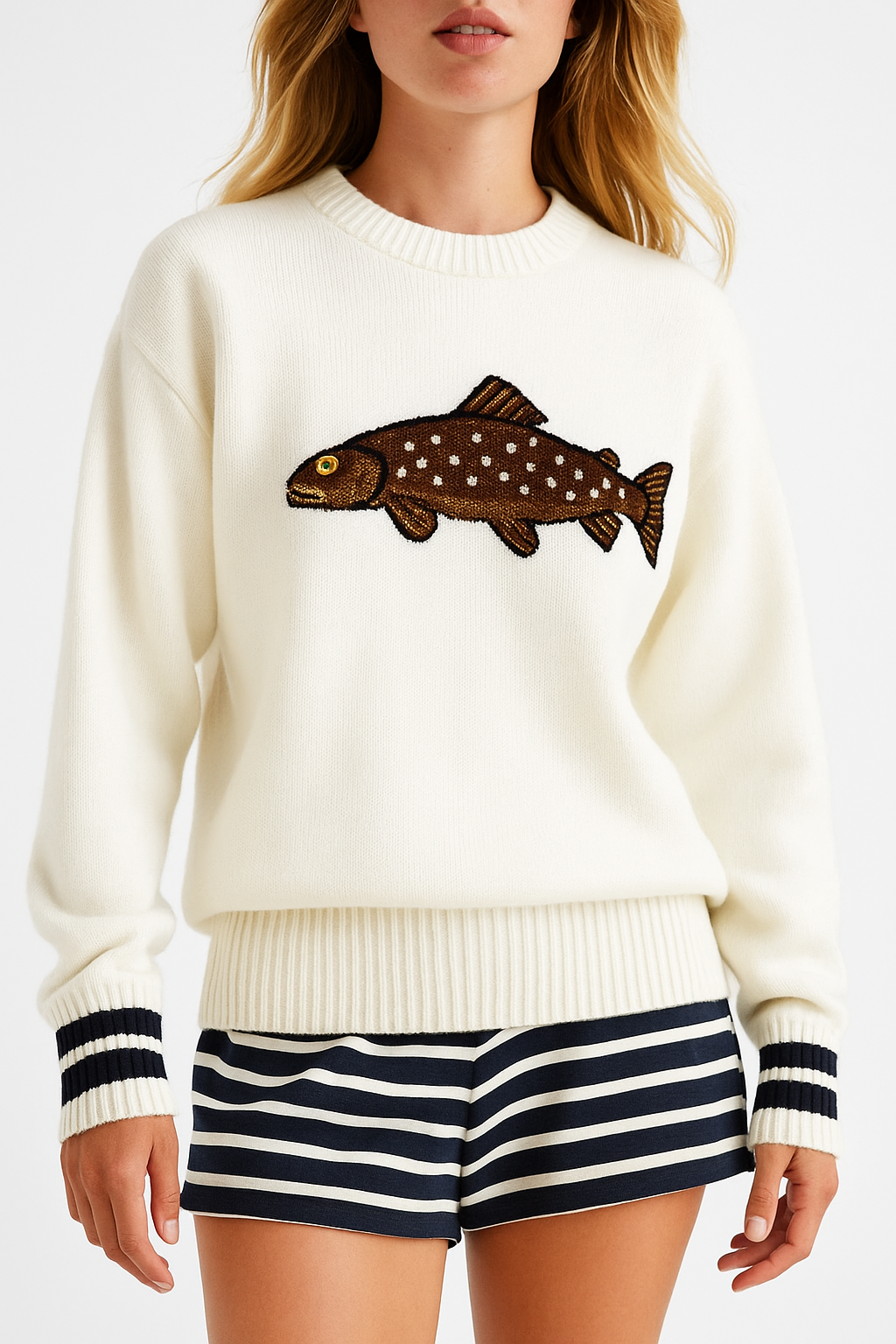 Half-Zip Wool-Blend Sweater with Intarsia Fish Motif, Ribbed Cuffs, and Relaxed Oversized Fit