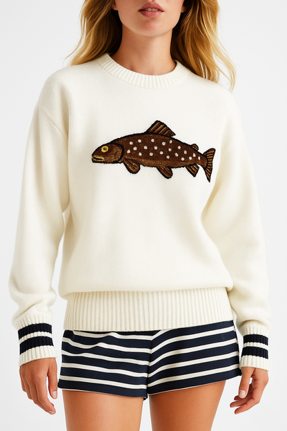 Half-Zip Wool-Blend Sweater with Intarsia Fish Motif, Ribbed Cuffs, and Relaxed Oversized Fit