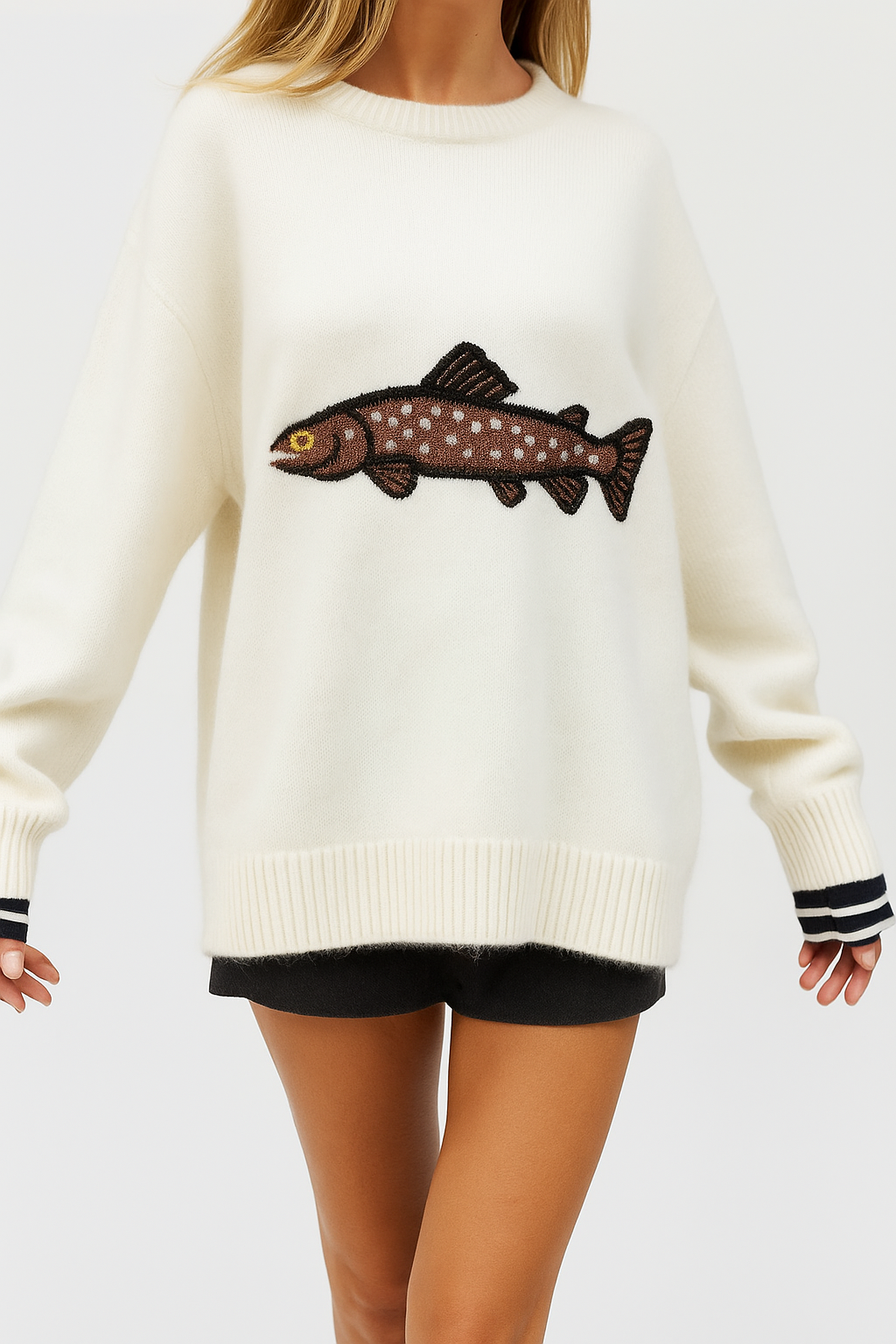 Half-Zip Wool-Blend Sweater with Intarsia Fish Motif, Ribbed Cuffs, and Relaxed Oversized Fit