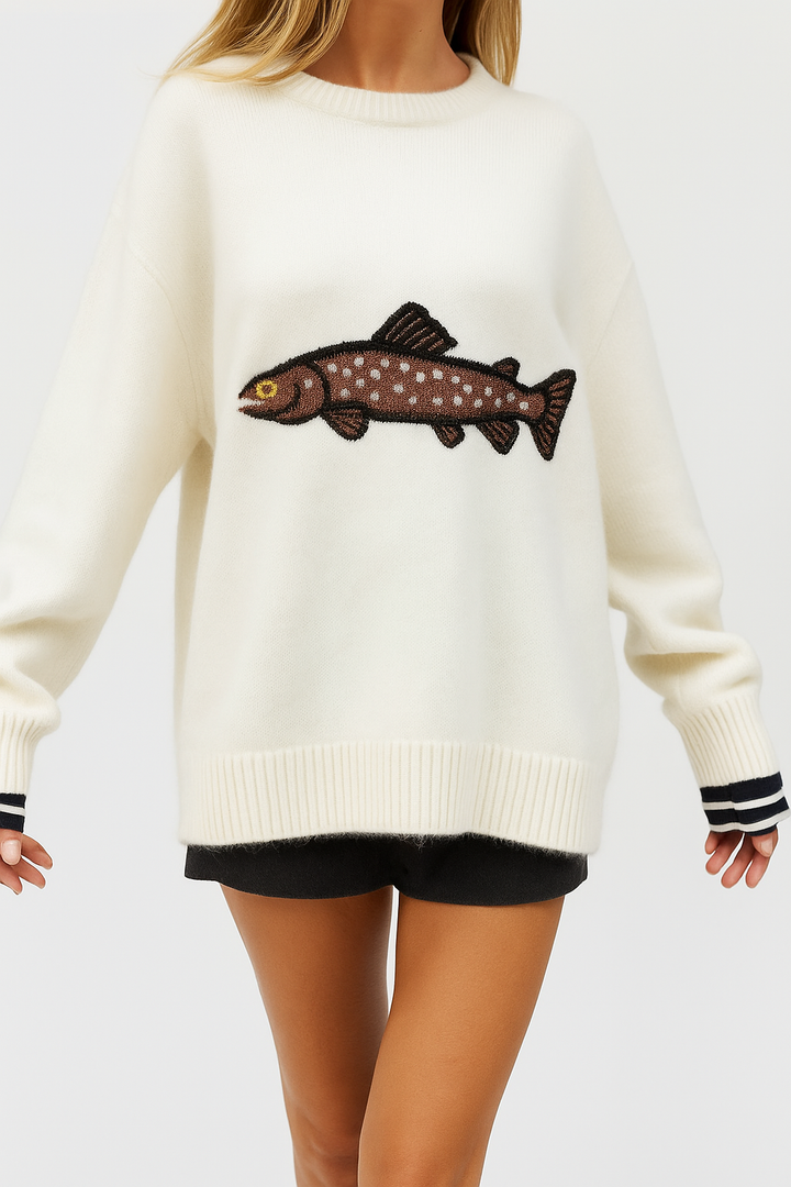 Half-Zip Wool-Blend Sweater with Intarsia Fish Motif, Ribbed Cuffs, and Relaxed Oversized Fit