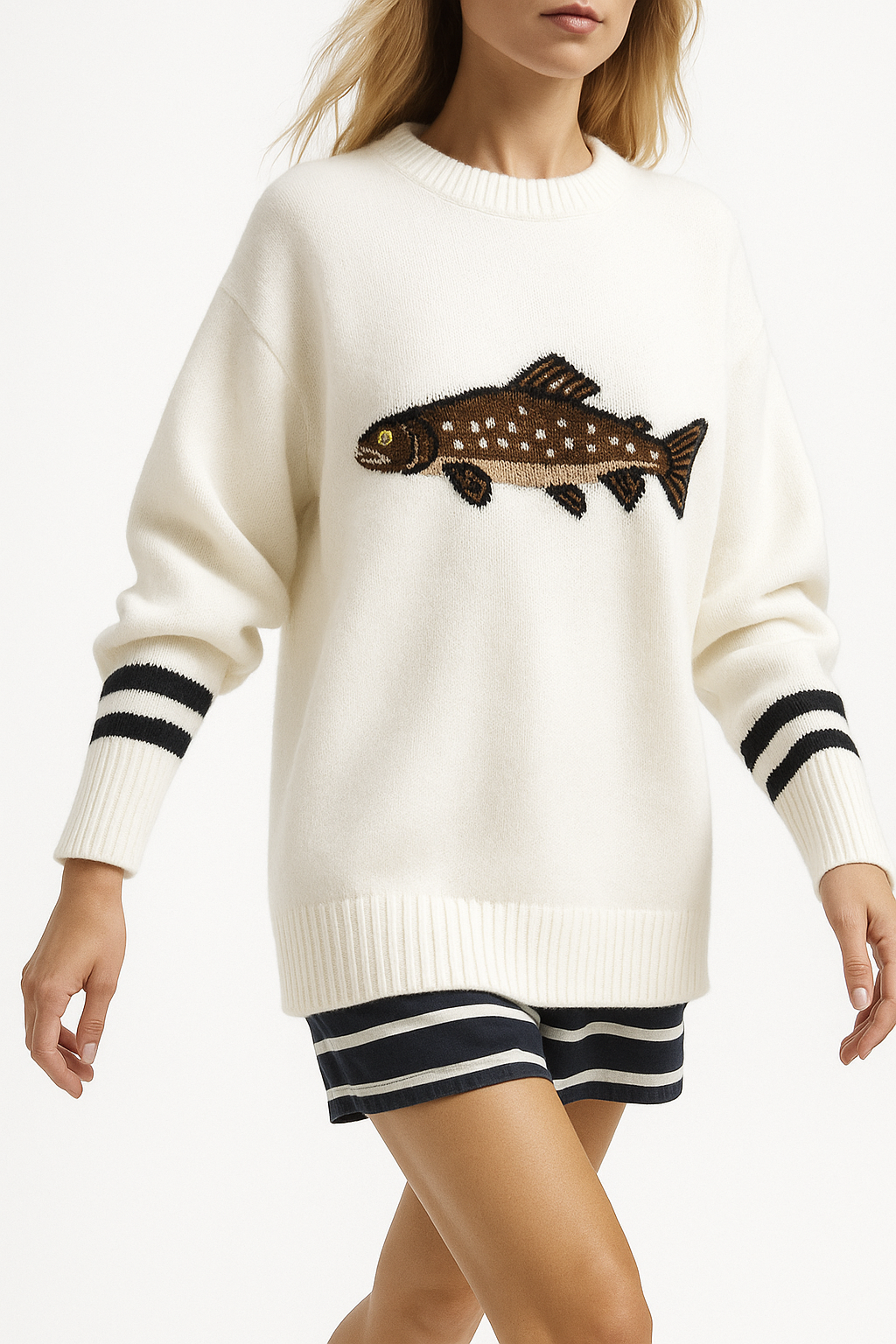 Half-Zip Wool-Blend Sweater with Intarsia Fish Motif, Ribbed Cuffs, and Relaxed Oversized Fit
