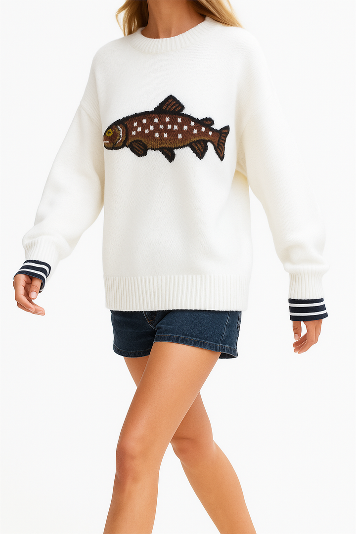 Half-Zip Wool-Blend Sweater with Intarsia Fish Motif, Ribbed Cuffs, and Relaxed Oversized Fit
