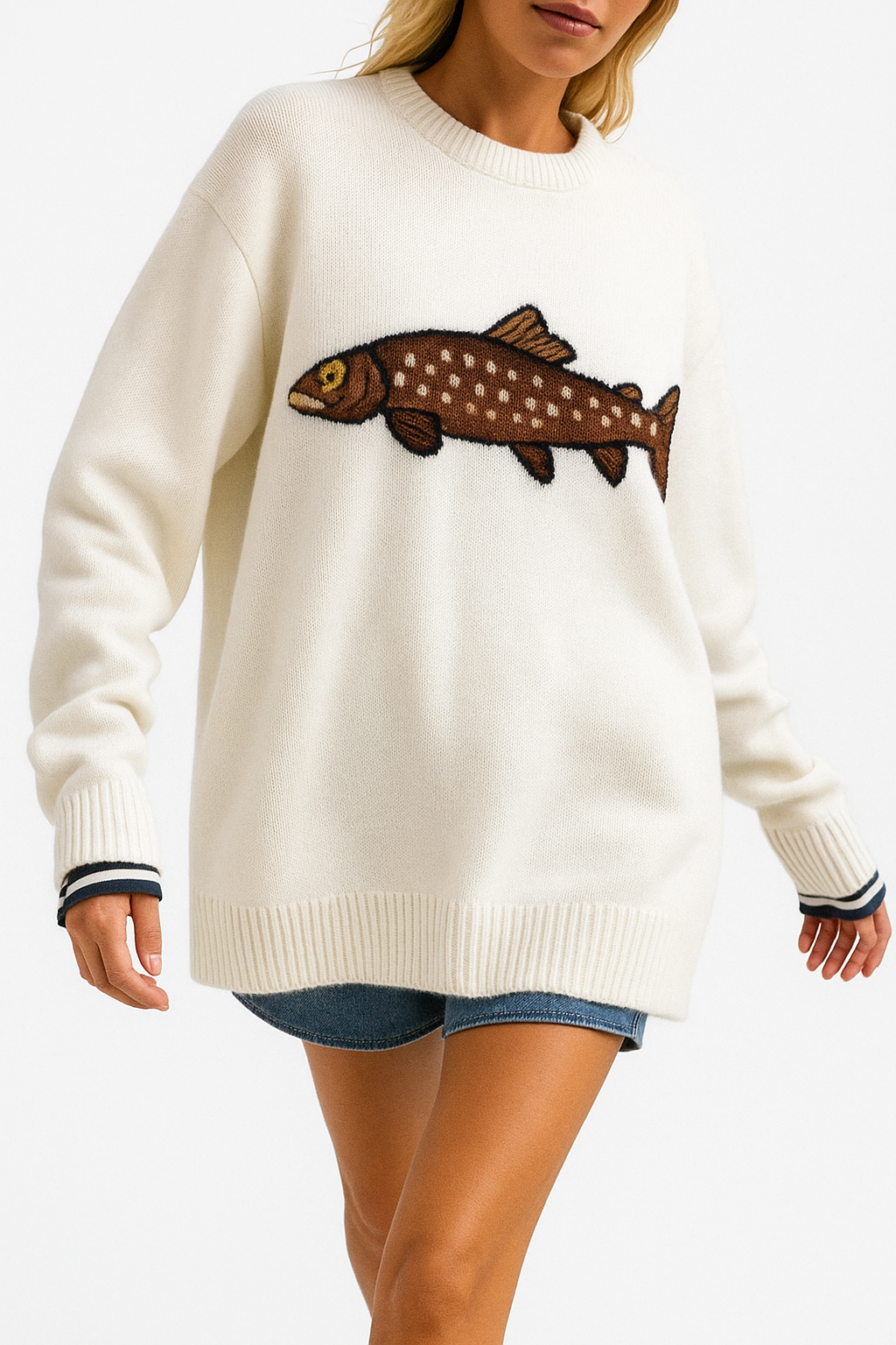 Half-Zip Wool-Blend Sweater with Intarsia Fish Motif, Ribbed Cuffs, and Relaxed Oversized Fit