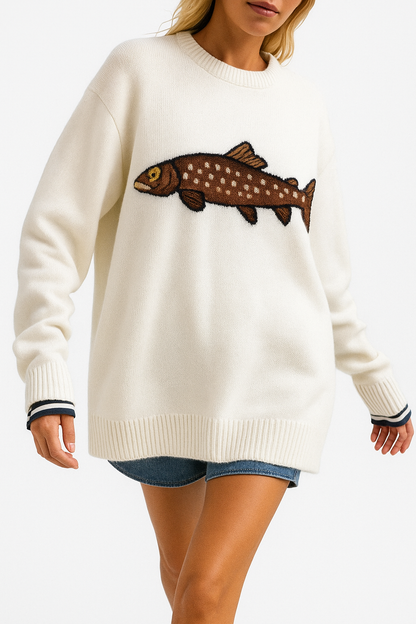 Half-Zip Wool-Blend Sweater with Intarsia Fish Motif, Ribbed Cuffs, and Relaxed Oversized Fit