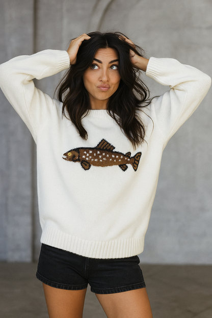 Half-Zip Wool-Blend Sweater with Intarsia Fish Motif, Ribbed Cuffs, and Relaxed Oversized Fit