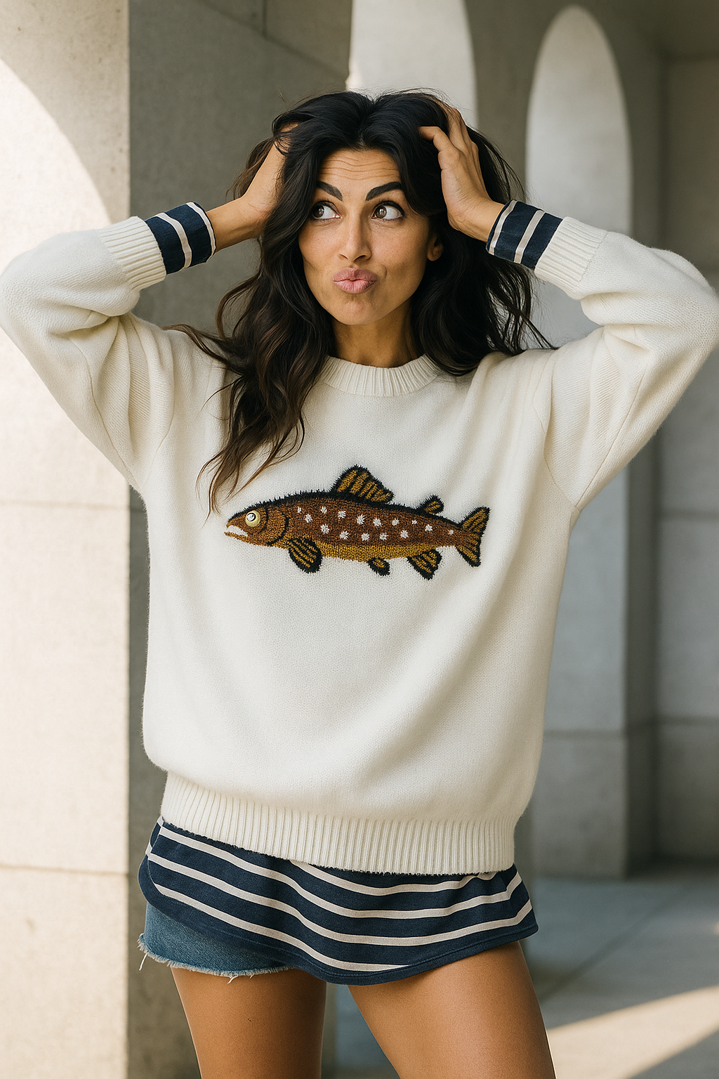 Half-Zip Wool-Blend Sweater with Intarsia Fish Motif, Ribbed Cuffs, and Relaxed Oversized Fit