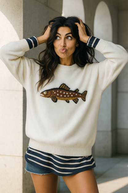 Half-Zip Wool-Blend Sweater with Intarsia Fish Motif, Ribbed Cuffs, and Relaxed Oversized Fit