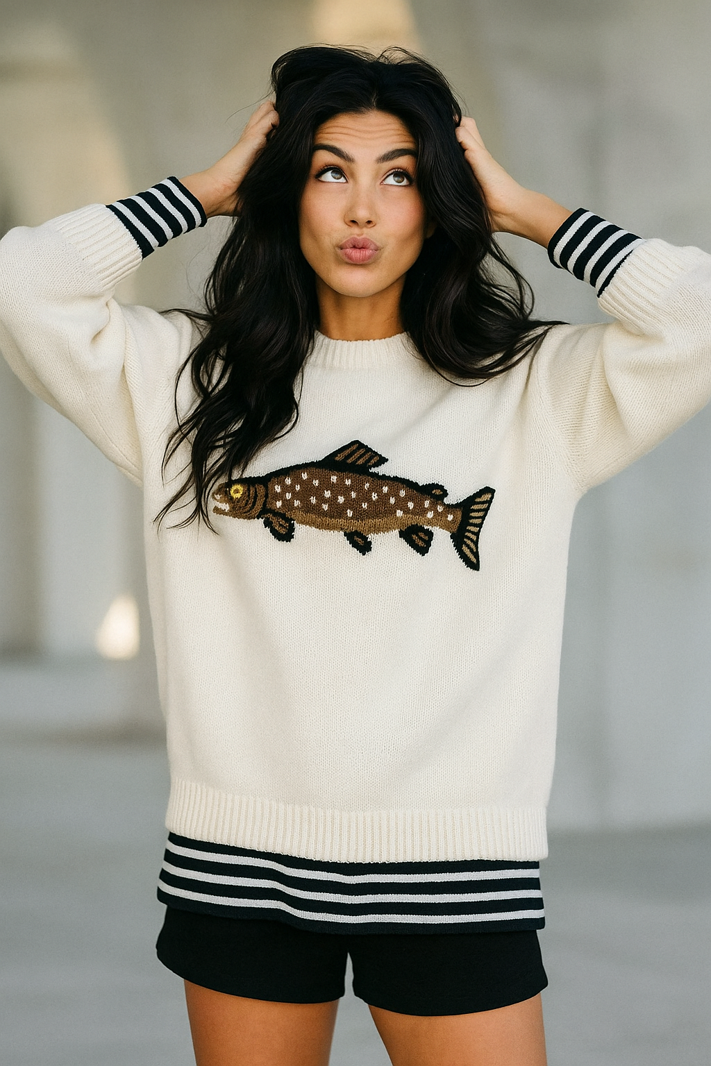 Half-Zip Wool-Blend Sweater with Intarsia Fish Motif, Ribbed Cuffs, and Relaxed Oversized Fit