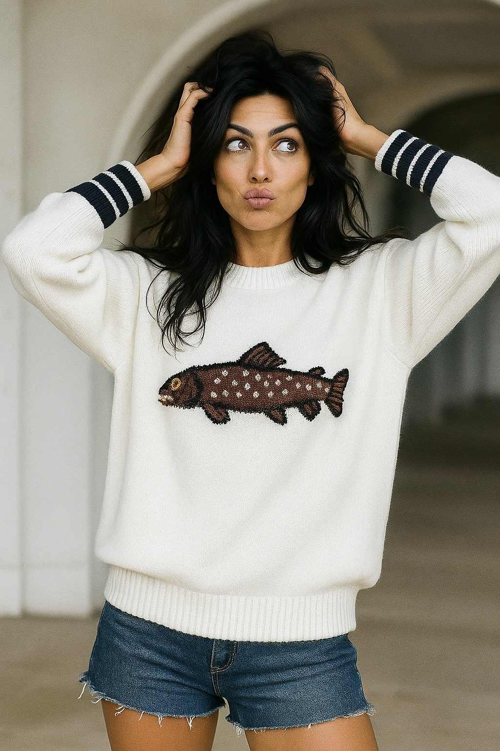 Half-Zip Wool-Blend Sweater with Intarsia Fish Motif, Ribbed Cuffs, and Relaxed Oversized Fit