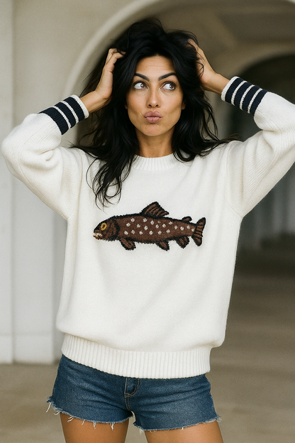 Half-Zip Wool-Blend Sweater with Intarsia Fish Motif, Ribbed Cuffs, and Relaxed Oversized Fit