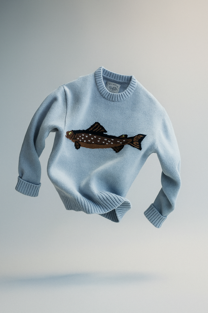 Half-Zip Wool-Blend Sweater with Intarsia Fish Motif, Ribbed Cuffs, and Relaxed Oversized Fit