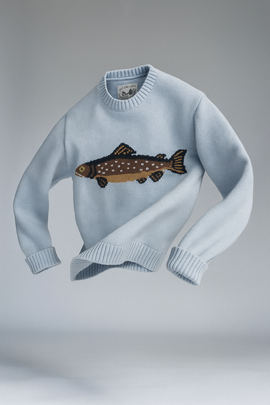 Half-Zip Wool-Blend Sweater with Intarsia Fish Motif, Ribbed Cuffs, and Relaxed Oversized Fit