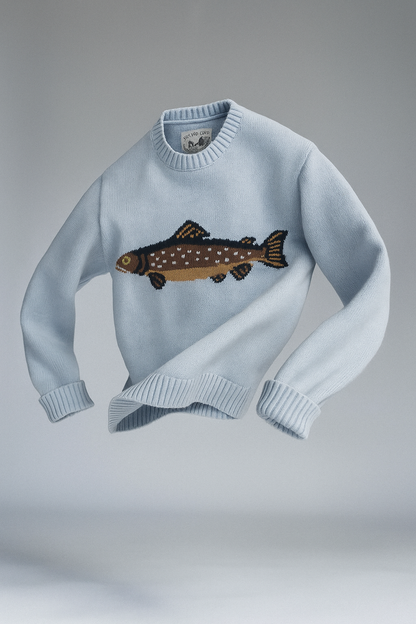Half-Zip Wool-Blend Sweater with Intarsia Fish Motif, Ribbed Cuffs, and Relaxed Oversized Fit