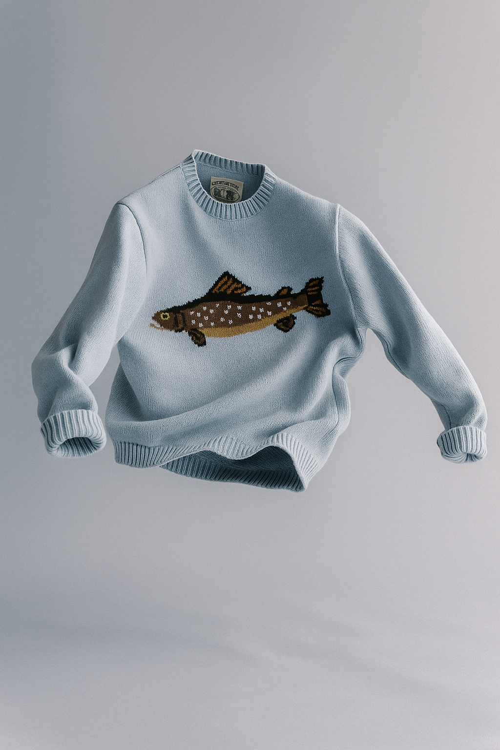Half-Zip Wool-Blend Sweater with Intarsia Fish Motif, Ribbed Cuffs, and Relaxed Oversized Fit