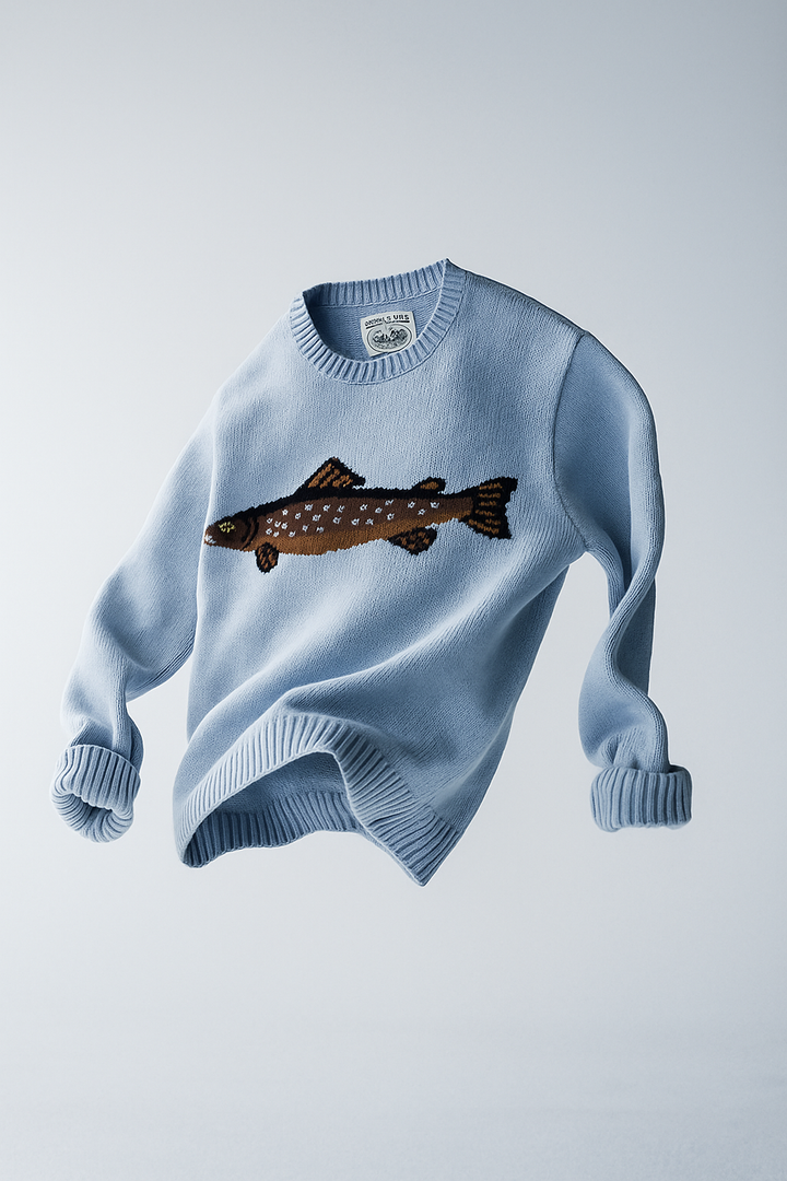 Half-Zip Wool-Blend Sweater with Intarsia Fish Motif, Ribbed Cuffs, and Relaxed Oversized Fit