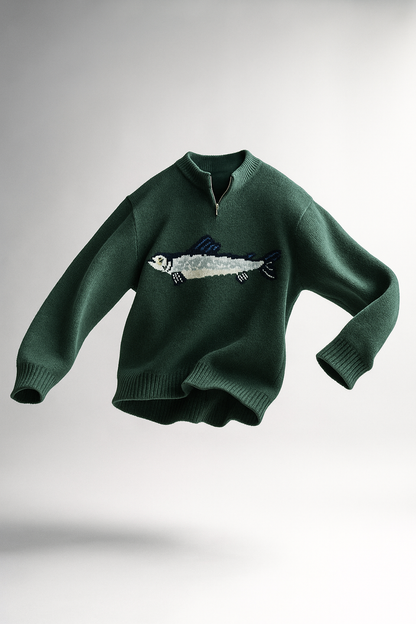 Half-Zip Wool-Blend Sweater with Intarsia Fish Motif, Ribbed Cuffs, and Relaxed Oversized Fit