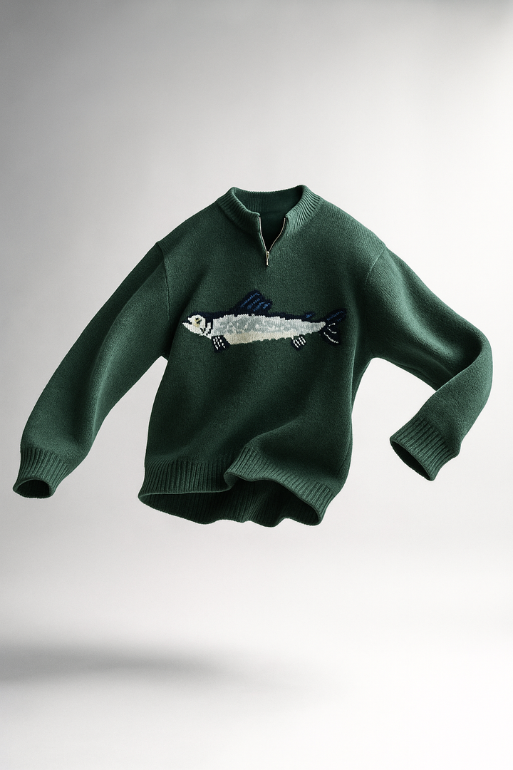 Half-Zip Wool-Blend Sweater with Intarsia Fish Motif, Ribbed Cuffs, and Relaxed Oversized Fit