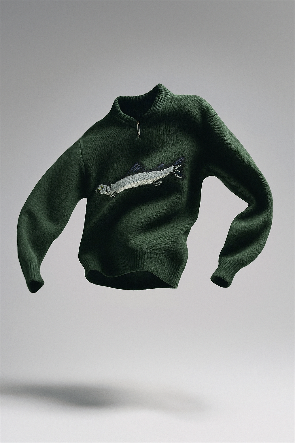 Half-Zip Wool-Blend Sweater with Intarsia Fish Motif, Ribbed Cuffs, and Relaxed Oversized Fit