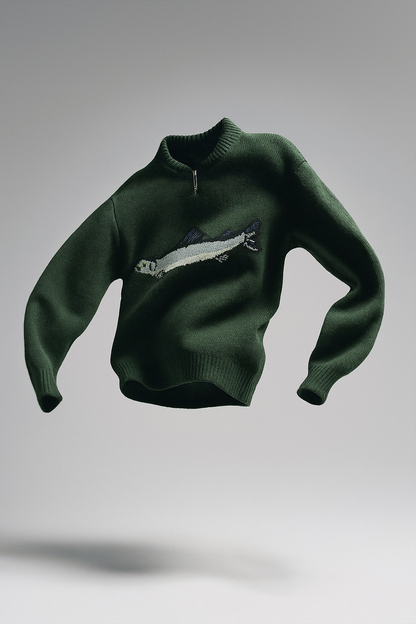 Half-Zip Wool-Blend Sweater with Intarsia Fish Motif, Ribbed Cuffs, and Relaxed Oversized Fit