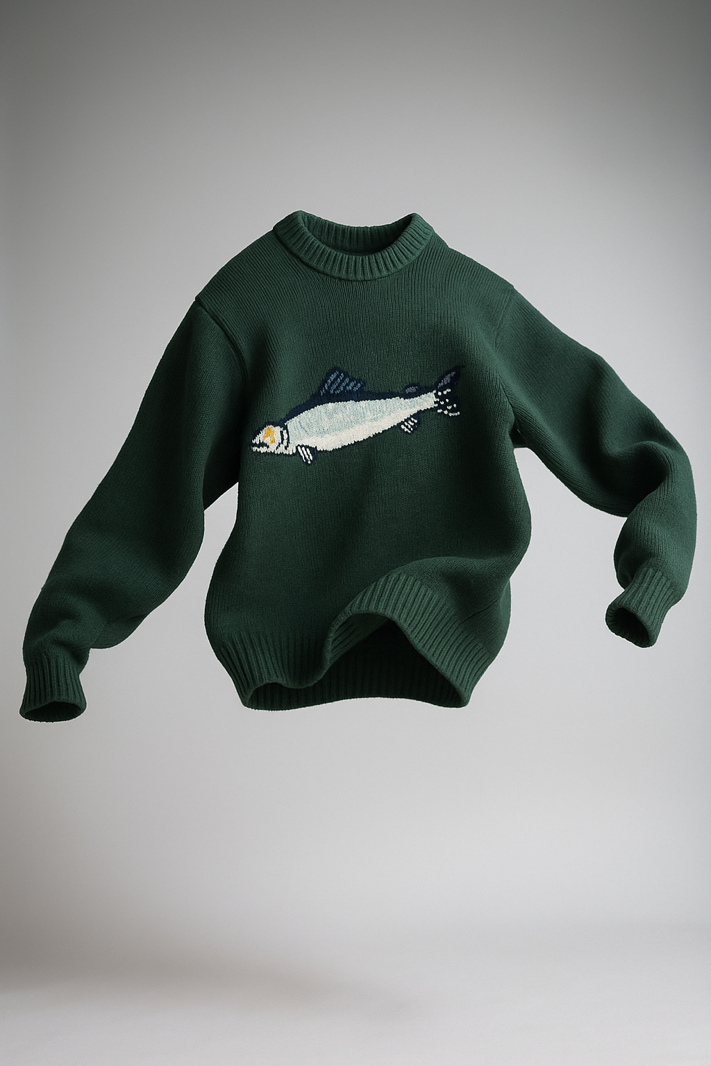 Half-Zip Wool-Blend Sweater with Intarsia Fish Motif, Ribbed Cuffs, and Relaxed Oversized Fit