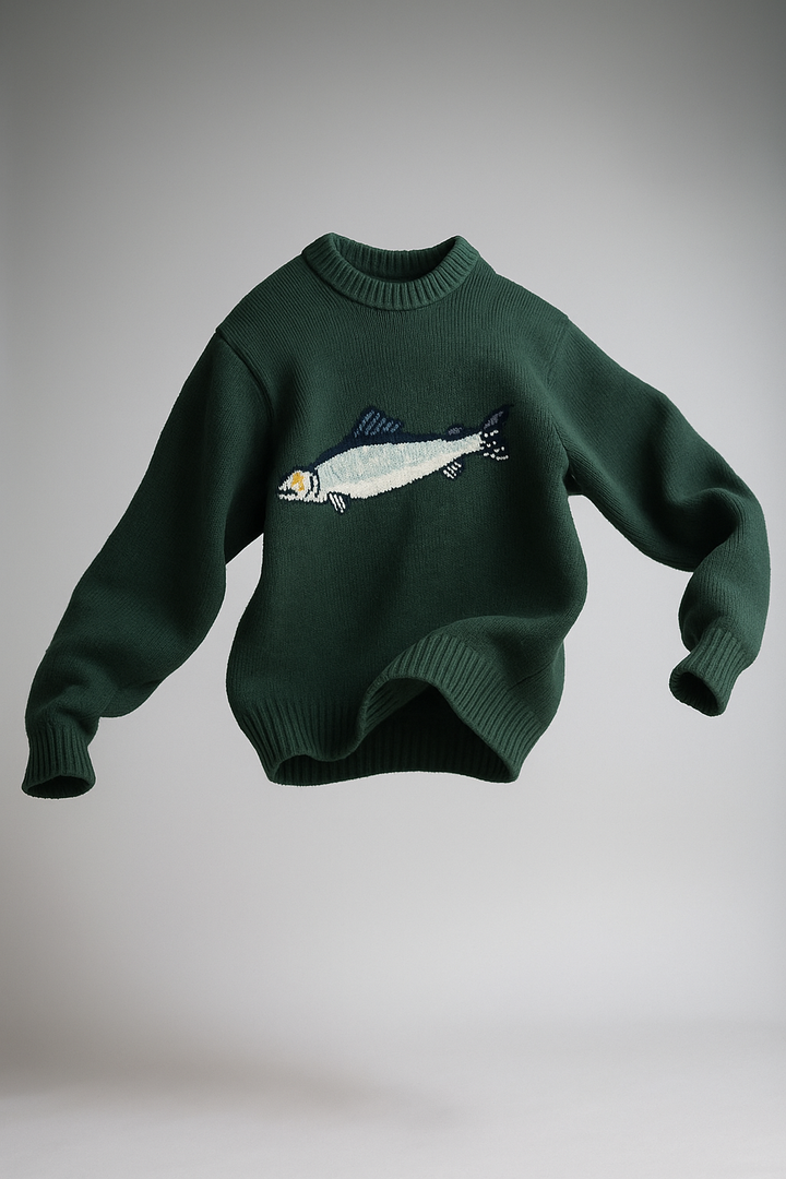 Half-Zip Wool-Blend Sweater with Intarsia Fish Motif, Ribbed Cuffs, and Relaxed Oversized Fit