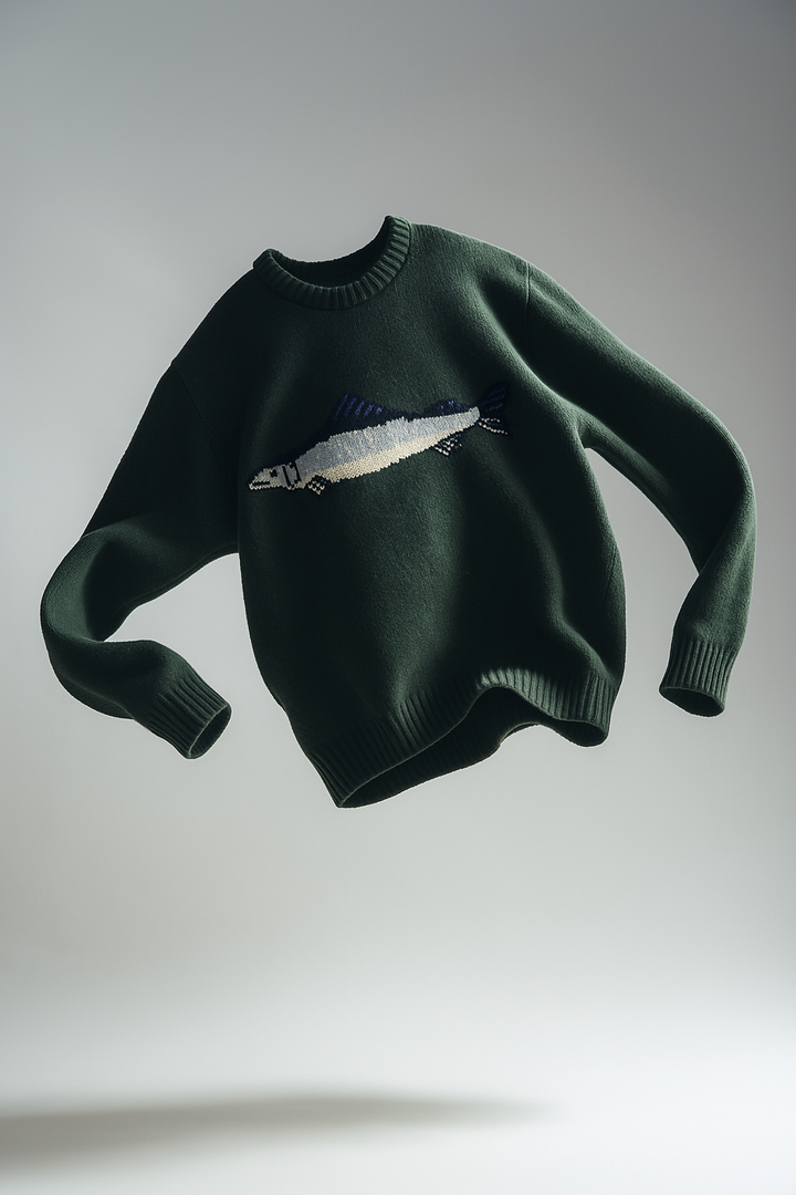 Half-Zip Wool-Blend Sweater with Intarsia Fish Motif, Ribbed Cuffs, and Relaxed Oversized Fit