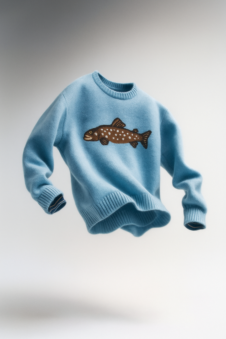 Half-Zip Wool-Blend Sweater with Intarsia Fish Motif, Ribbed Cuffs, and Relaxed Oversized Fit
