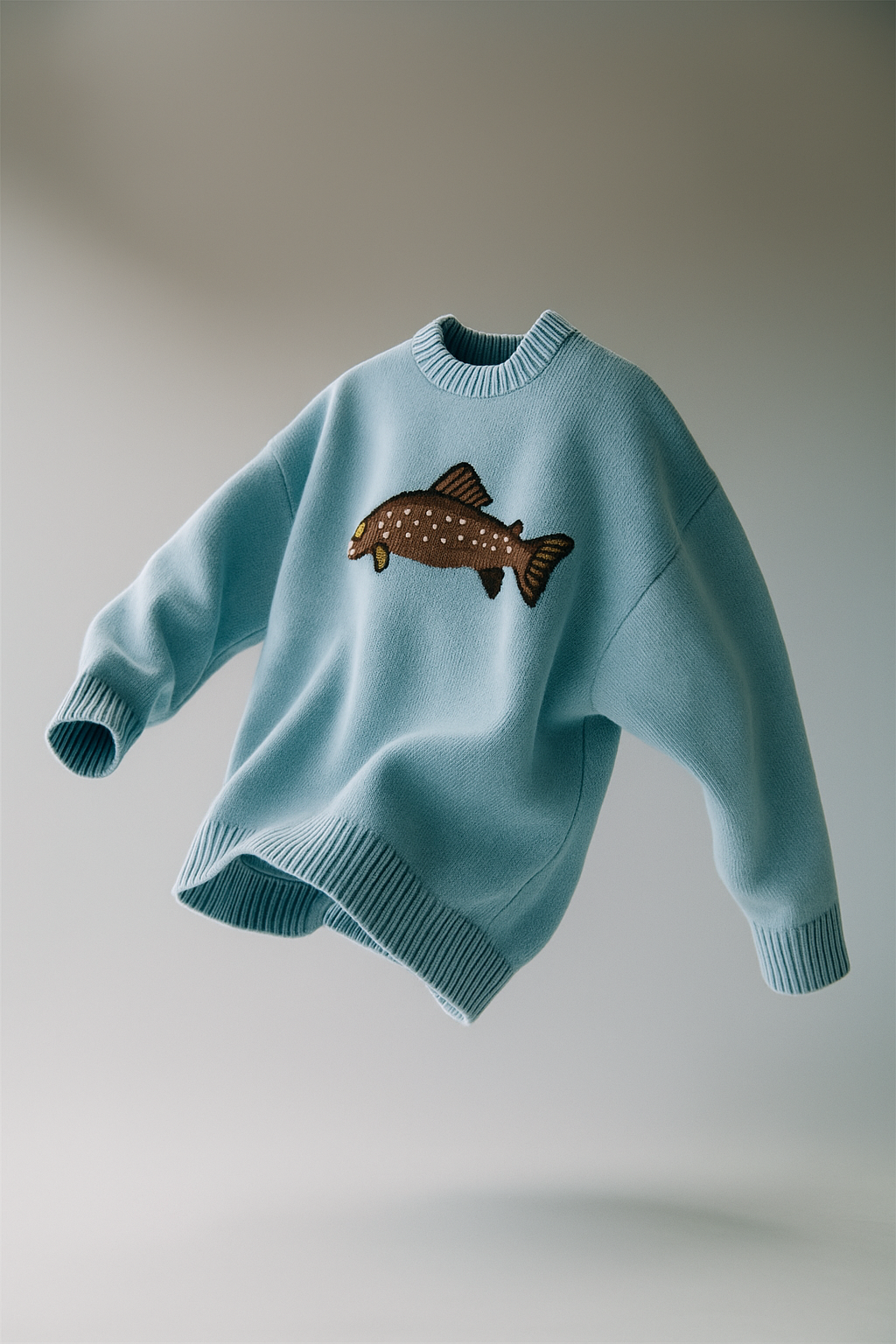 Half-Zip Wool-Blend Sweater with Intarsia Fish Motif, Ribbed Cuffs, and Relaxed Oversized Fit