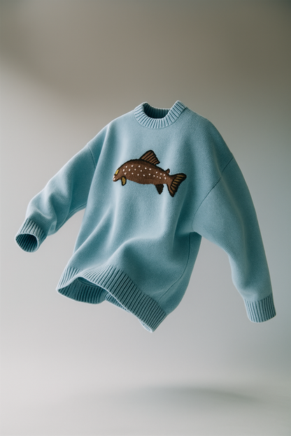Half-Zip Wool-Blend Sweater with Intarsia Fish Motif, Ribbed Cuffs, and Relaxed Oversized Fit