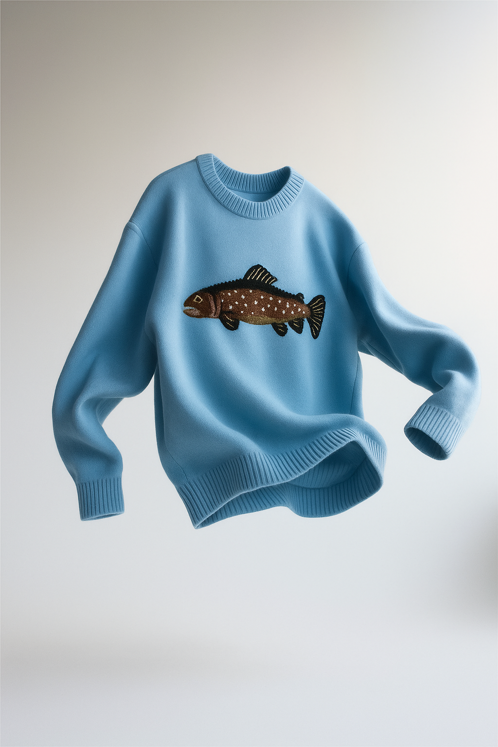 Half-Zip Wool-Blend Sweater with Intarsia Fish Motif, Ribbed Cuffs, and Relaxed Oversized Fit