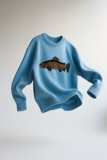 Half-Zip Wool-Blend Sweater with Intarsia Fish Motif, Ribbed Cuffs, and Relaxed Oversized Fit