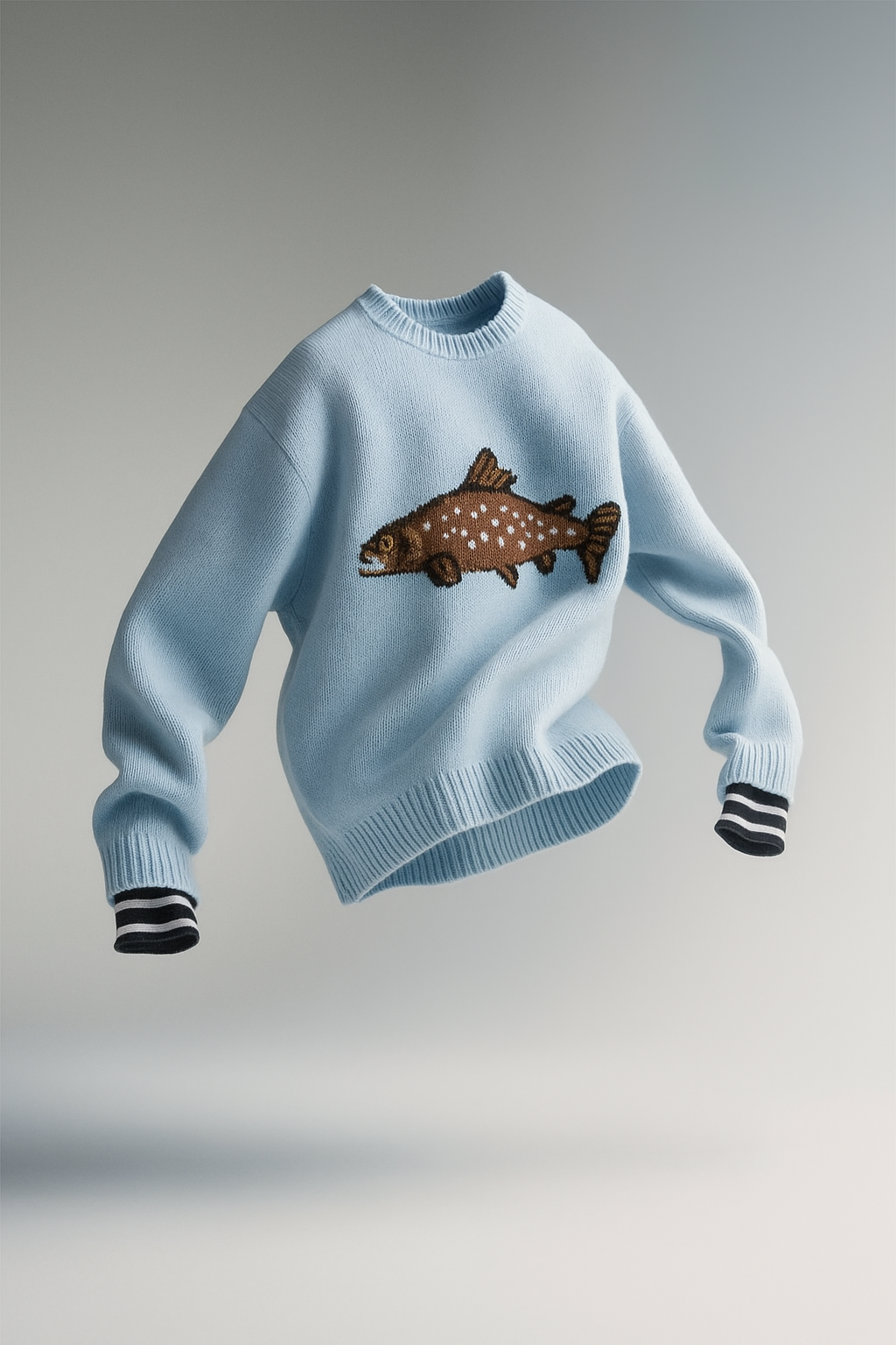 Half-Zip Wool-Blend Sweater with Intarsia Fish Motif, Ribbed Cuffs, and Relaxed Oversized Fit