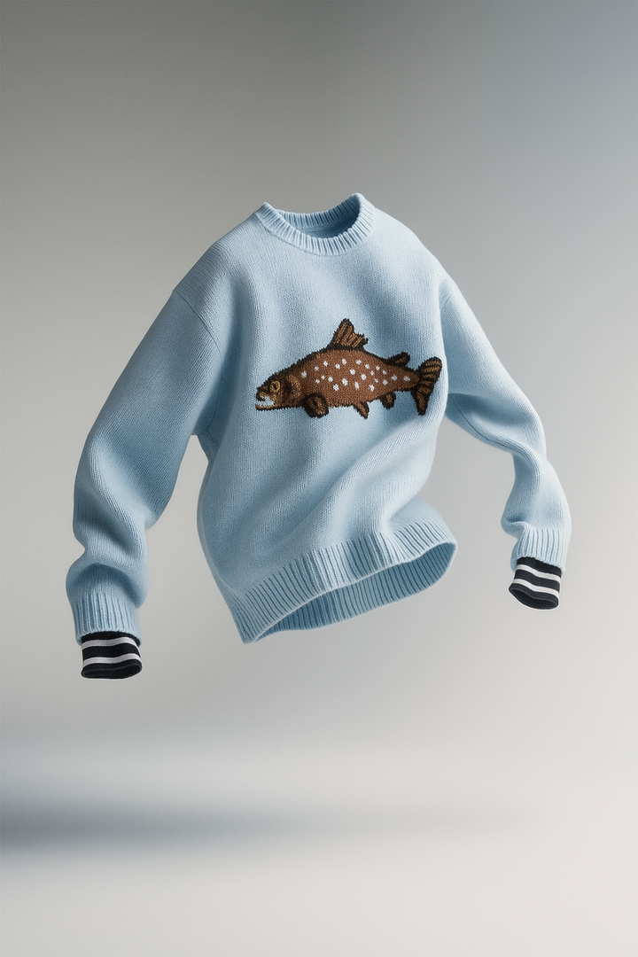 Half-Zip Wool-Blend Sweater with Intarsia Fish Motif, Ribbed Cuffs, and Relaxed Oversized Fit