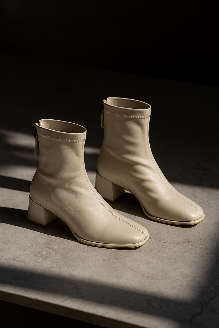 Leather Ankle Boots with Block Heel, Square Toe, and Back Zip Closure in Ivory