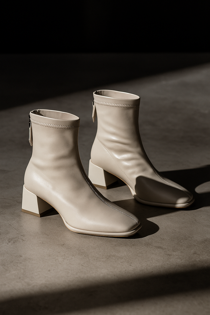 Leather Ankle Boots with Block Heel, Square Toe, and Back Zip Closure in Ivory
