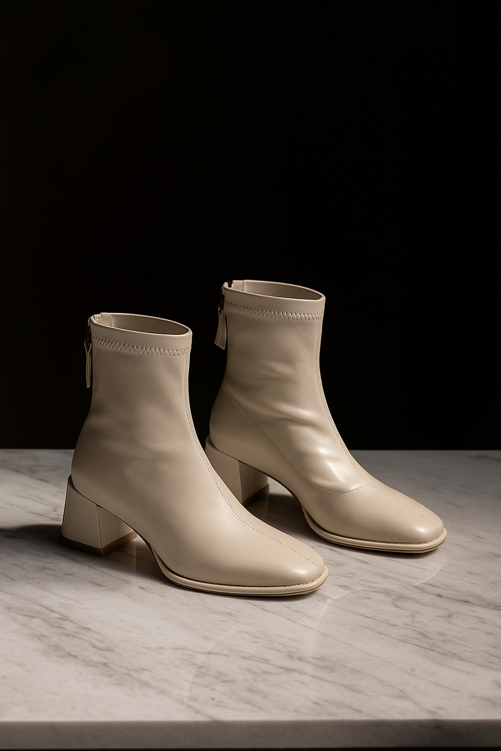 Leather Ankle Boots with Block Heel, Square Toe, and Back Zip Closure in Ivory