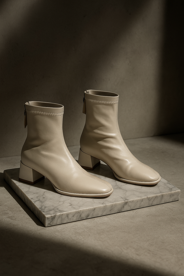 Leather Ankle Boots with Block Heel, Square Toe, and Back Zip Closure in Ivory