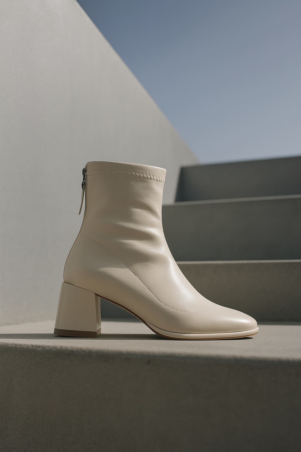 Leather Ankle Boots with Block Heel, Square Toe, and Back Zip Closure in Ivory