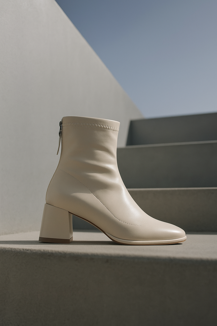 Leather Ankle Boots with Block Heel, Square Toe, and Back Zip Closure in Ivory