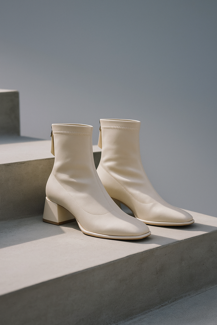 Leather Ankle Boots with Block Heel, Square Toe, and Back Zip Closure in Ivory