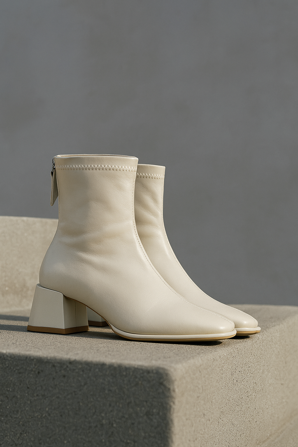 Leather Ankle Boots with Block Heel, Square Toe, and Back Zip Closure in Ivory