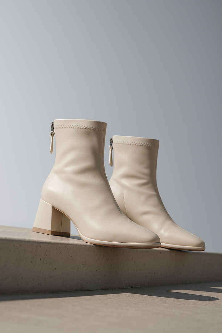 Leather Ankle Boots with Block Heel, Square Toe, and Back Zip Closure in Ivory
