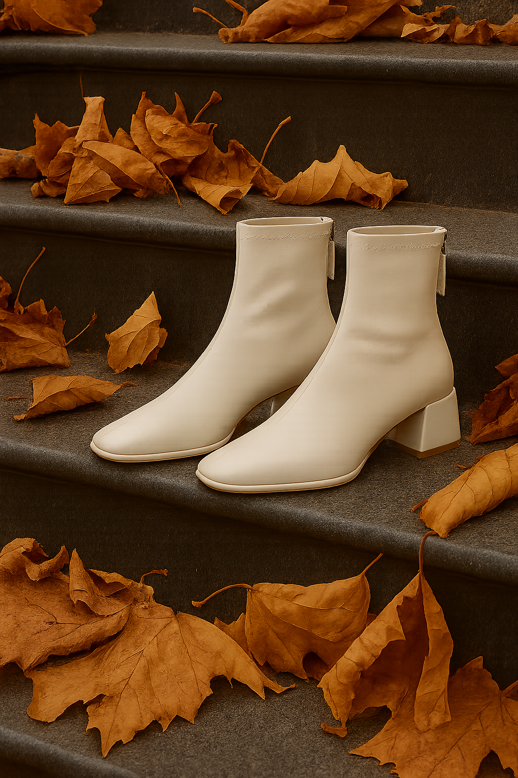 Leather Ankle Boots with Block Heel, Square Toe, and Back Zip Closure in Ivory