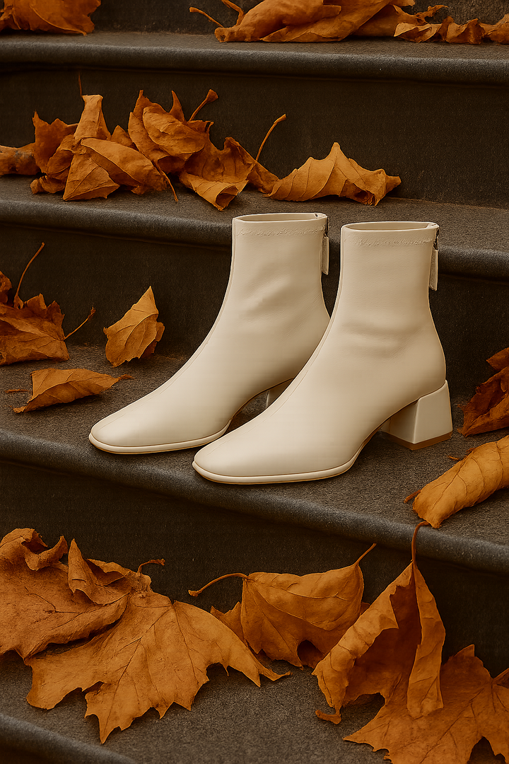 Leather Ankle Boots with Block Heel, Square Toe, and Back Zip Closure in Ivory