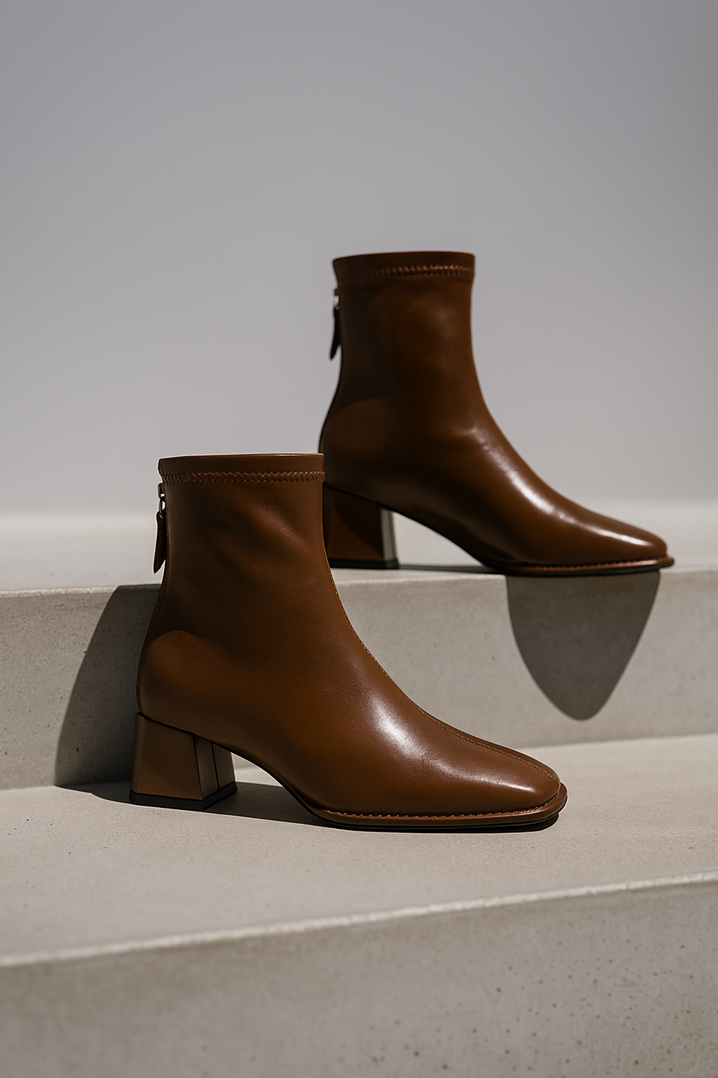 Leather Ankle Boots with Block Heel, Square Toe, and Back Zip Closure in Ivory