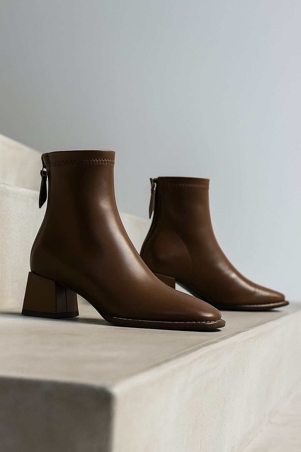 Leather Ankle Boots with Block Heel, Square Toe, and Back Zip Closure in Ivory