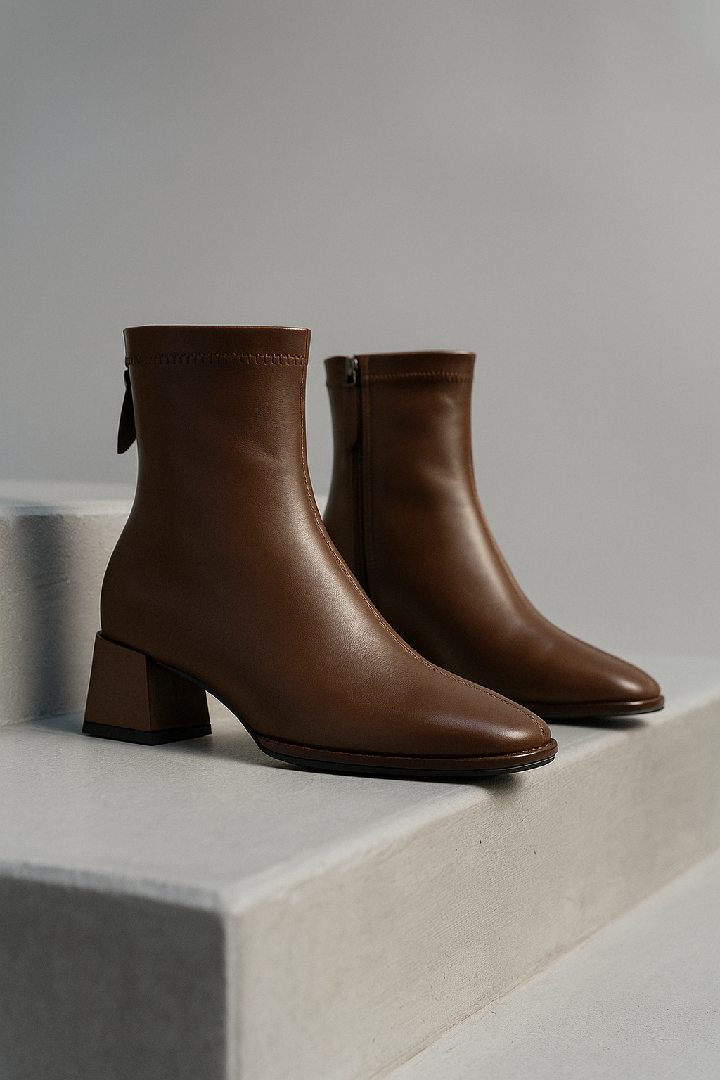 Leather Ankle Boots with Block Heel, Square Toe, and Back Zip Closure in Ivory